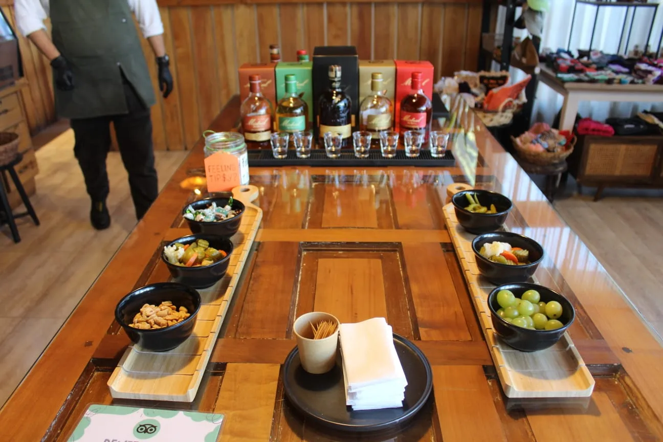 The tasting bar, set with spirits and snacks